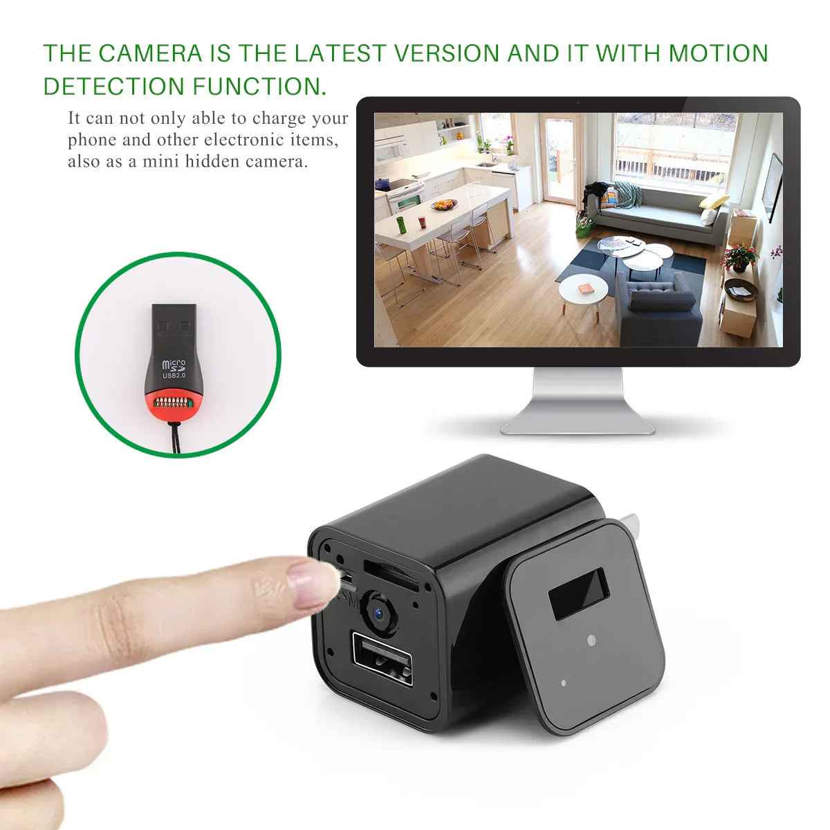 USB charger with concealed lens designed for non-intrusive home security surveillance.