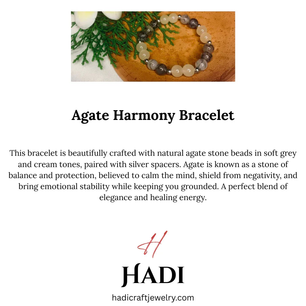 Agate gemstone bracelet laid out flat showing gray and white beads and silver accents.