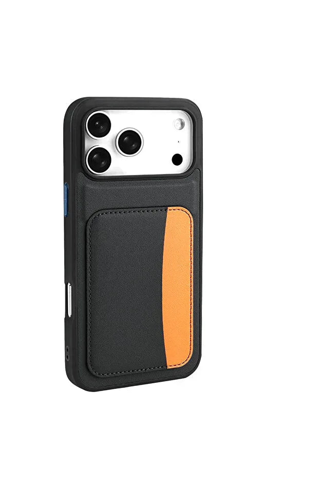Close-up of black iPhone 17 Pro Max wallet case card holder section with cards inserted.