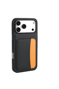 Close-up of black iPhone 17 Pro Max wallet case card holder section with cards inserted.