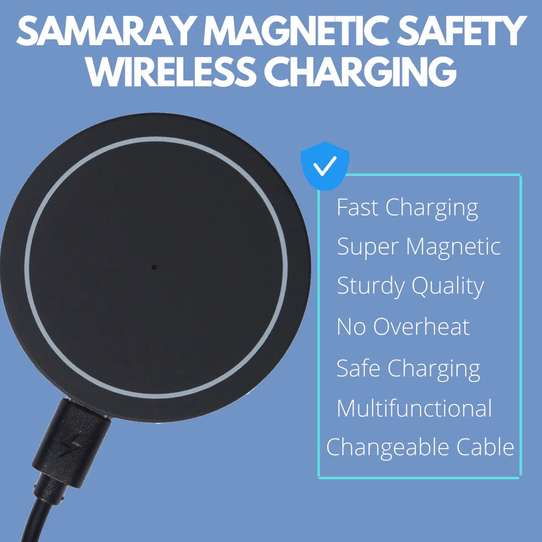 Diagram showing the magnetic wireless charger snapping securely onto an iPhone with alignment details.