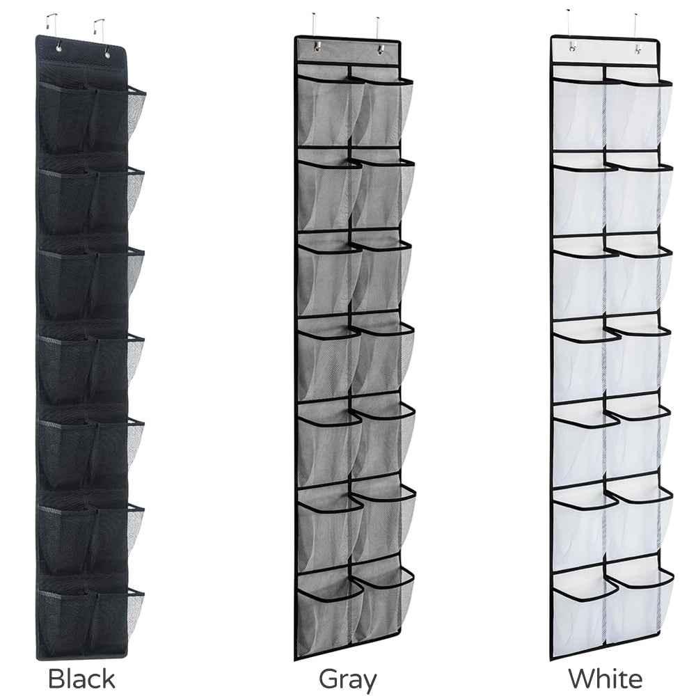 White over-the-door shoe organizer with 14 clear pockets holding various shoes in a tidy row on a closet door.