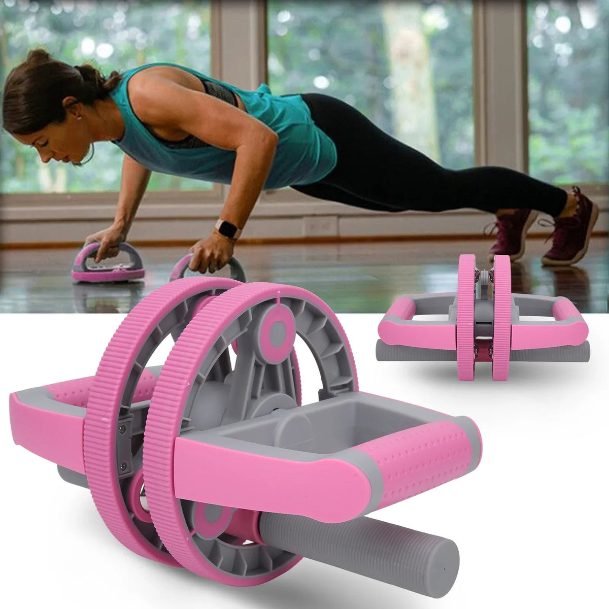 Close-up view of abdominal wheel with durable handles and non-slip surface for fitness training.