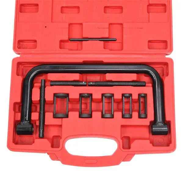Set of 10 metal valve spring compressor tools in various sizes, arranged neatly on a white background.