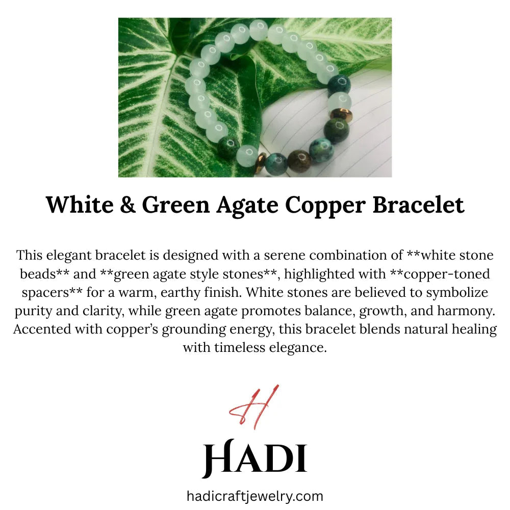 Green and white agate bead bracelet with copper spacers displayed on a textured neutral surface