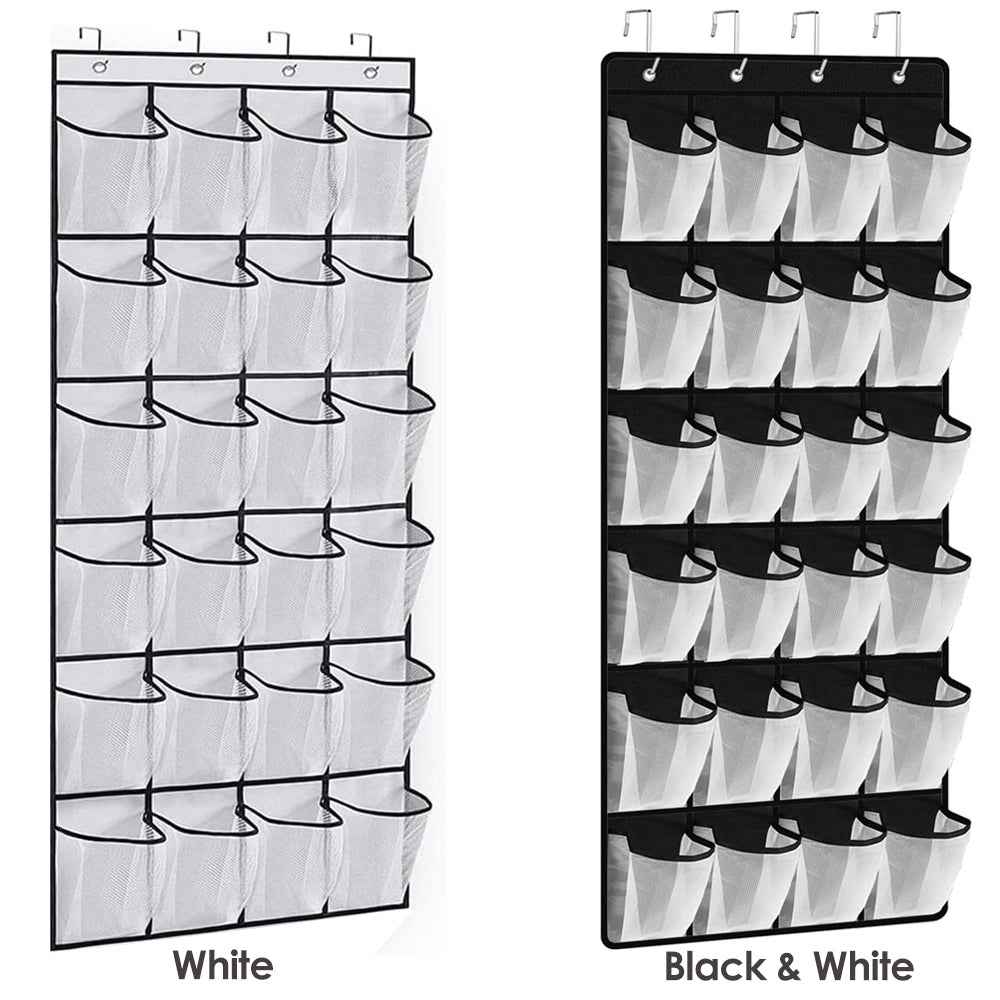 White hanging shoe organizer with 24 clear pockets displayed on the back of a door, holding various shoes.