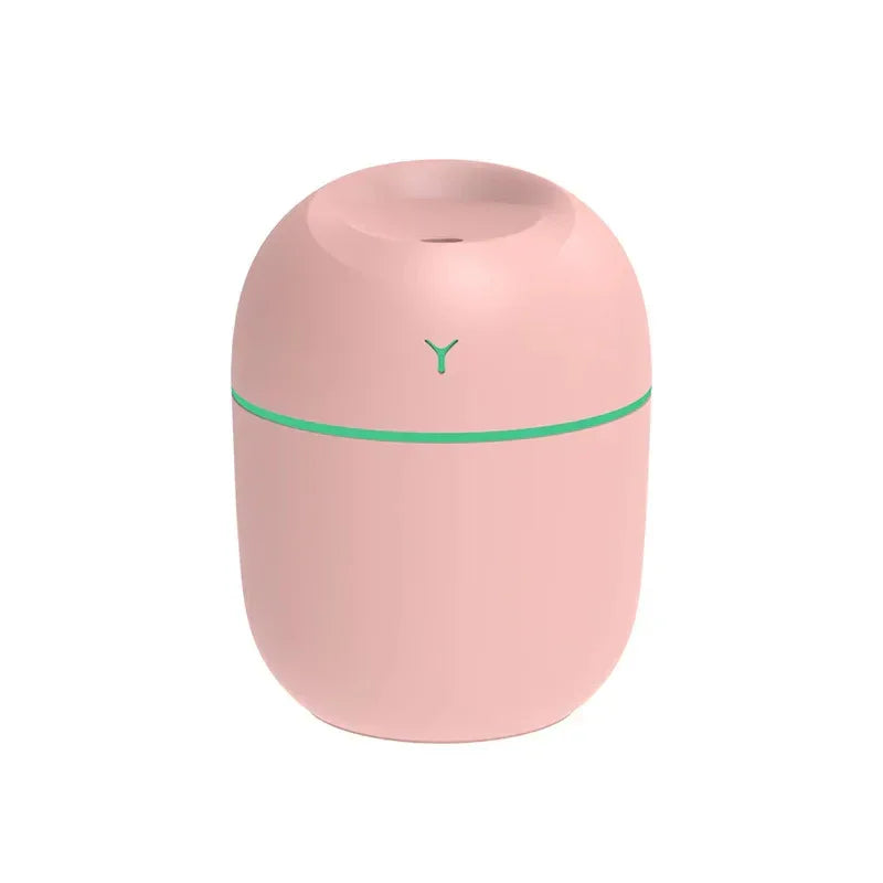 Tray with teal, white, and pink compact ultrasonic humidifiers arranged beside green plant.