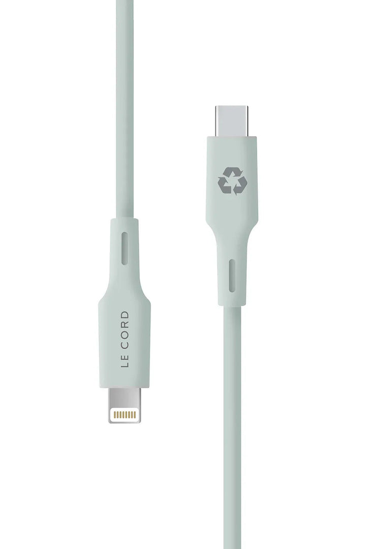 Pale Pine iPhone Lightning to Type C cable, 1.2 meters long, featuring recycled materials and eco-friendly design.
