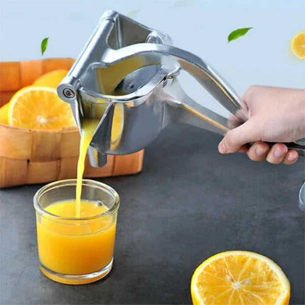 Close-up of JuicyStar manual juicer showing solid metal handle and citrus press mechanism.