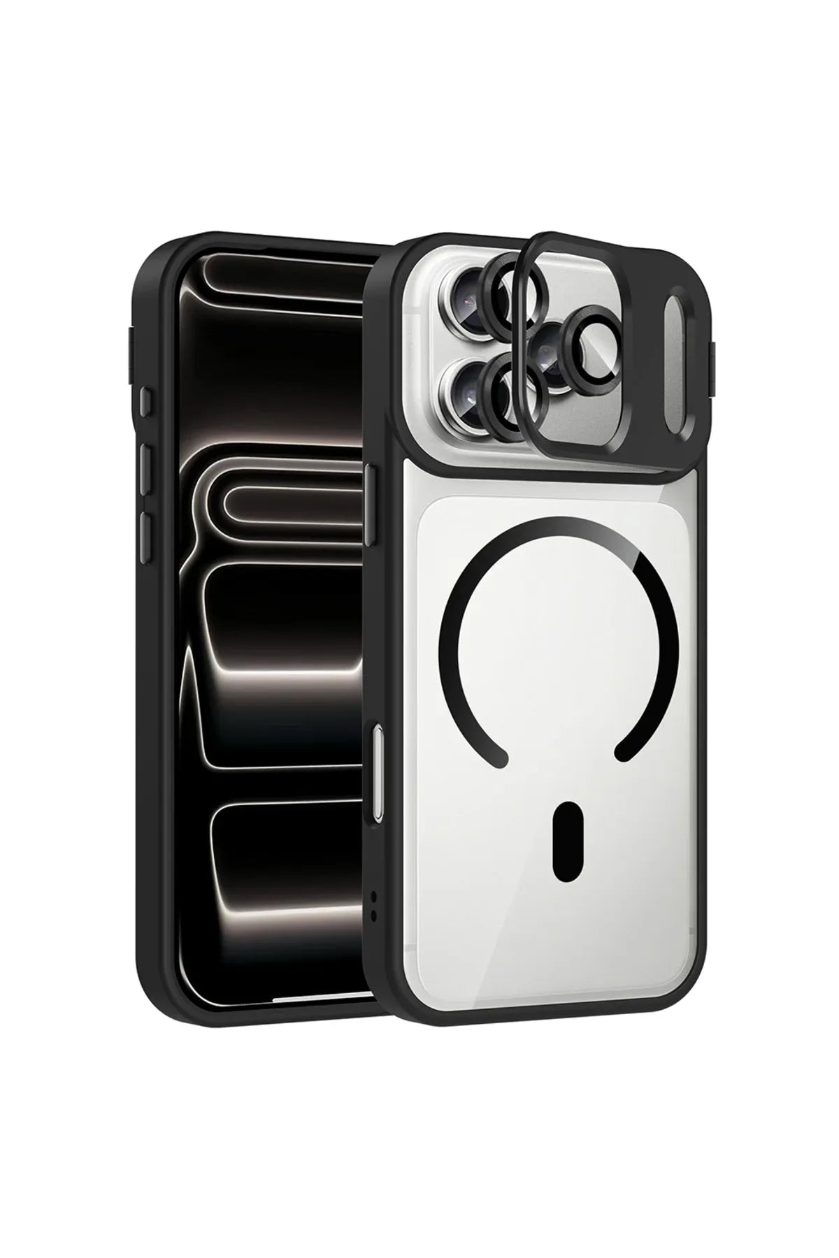iPhone 17 Pro Max case with Etro camera lens magnetic charging cover, front view on white background.