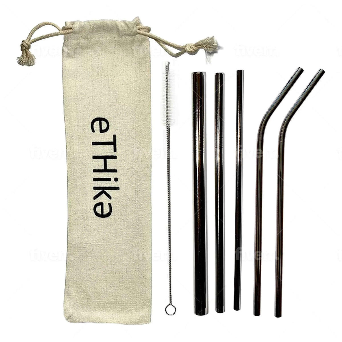 Reusable stainless steel straws arranged in the carrying pouch, emphasizing portability and convenience.
