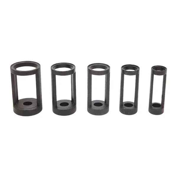 A set of metal valve spring compressor tools in five sizes, arranged neatly inside a black plastic carrying case.