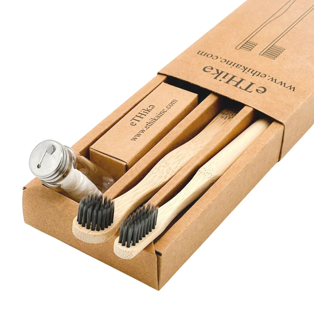 Diagram showing benefits of charcoal bamboo toothbrush, tongue brush, and mint dental floss for oral hygiene.