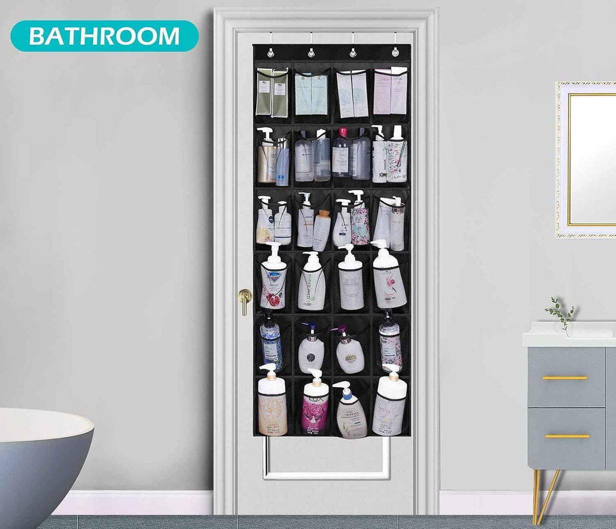 White over-the-door hanging organizer with 24 clear pockets, neatly holding various shoes in a closet setting.