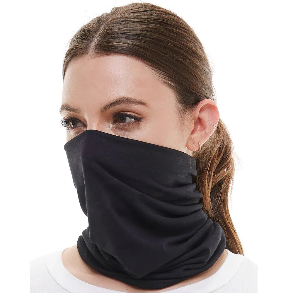 Person wearing neck gaiter bandana scarf covering nose and mouth, demonstrating full coverage.