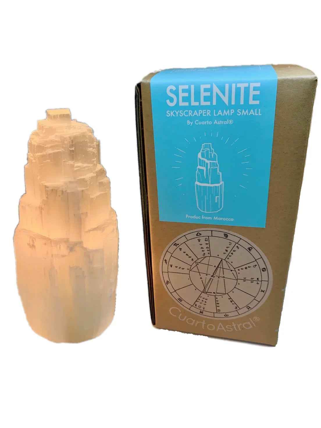 Top view of small selenite skyscraper lamp showing natural crystal textures