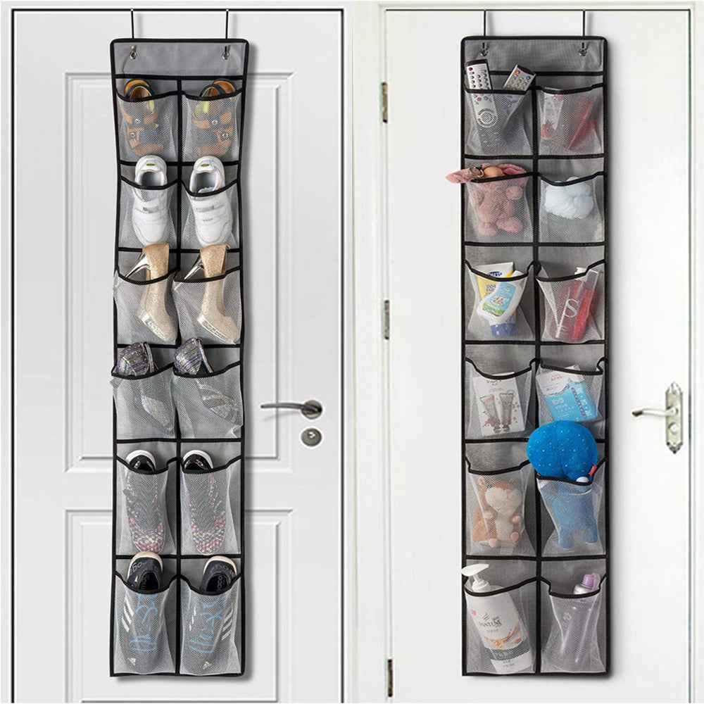 White hanging organizer with 12 clear pockets, filled with shoes, hanging on the back of a bedroom door.