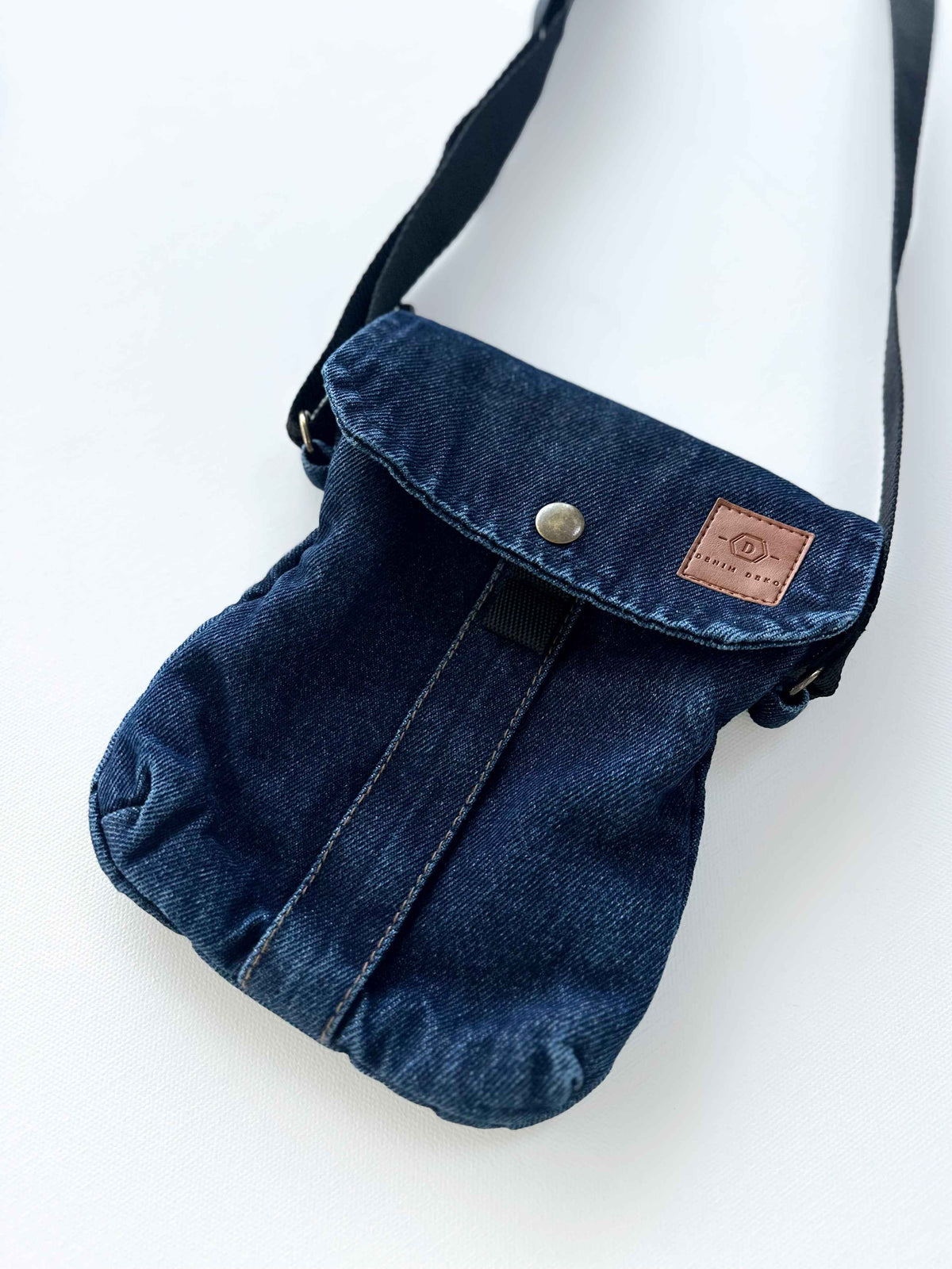 Small Denim Crossbody Bag DenimDeko with zipper closure, crafted from heavyweight cotton denim, shown closed