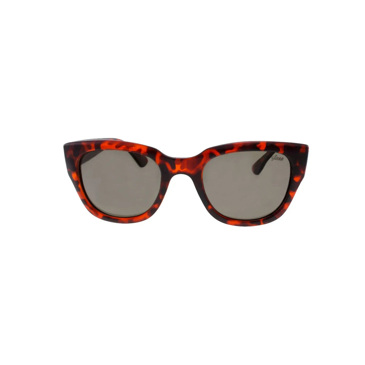 Close-up of the Havana-colored matte black sunglasses lens showing polarized coating.
