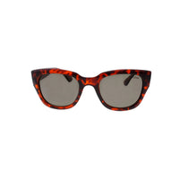 Close-up of the Havana-colored matte black sunglasses lens showing polarized coating.