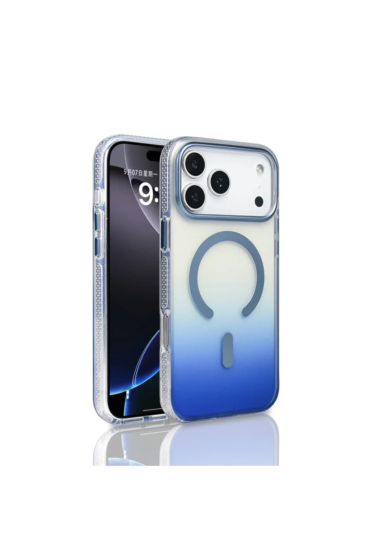 Close-up of gradient rainbow colors shifting on a transparent iPhone 17 Pro Max case