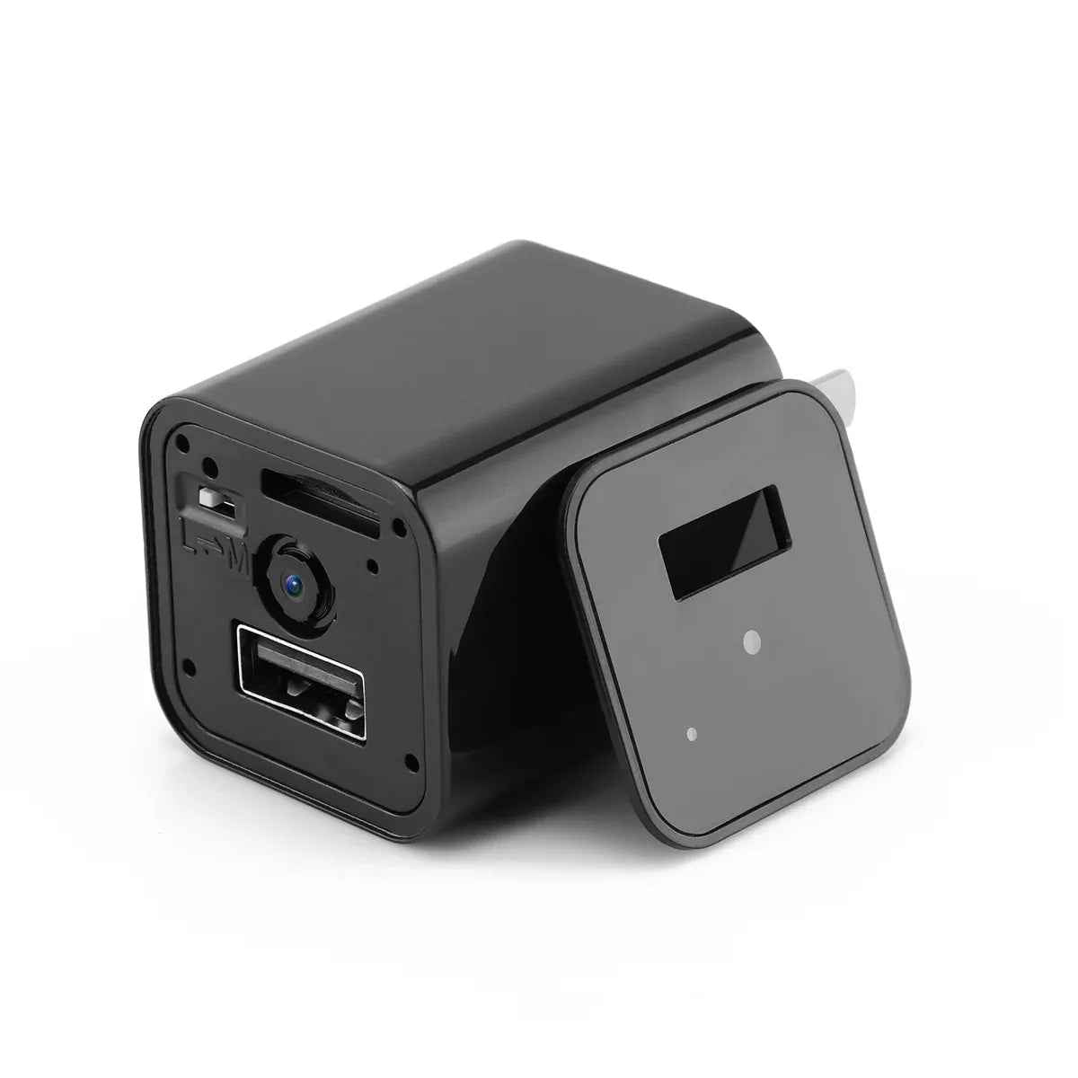 Compact USB wall charger with hidden 1080P camera for covert home security monitoring.