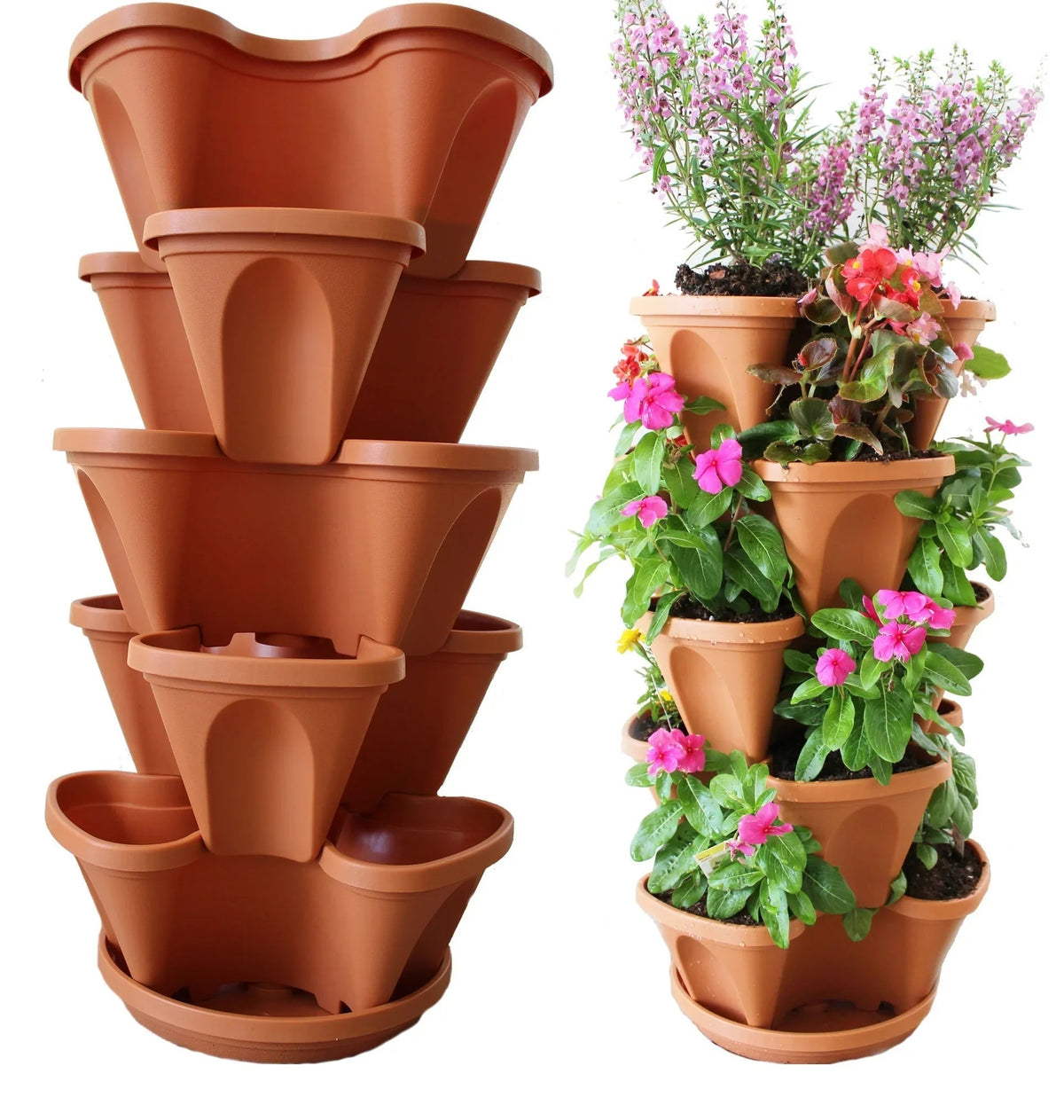 Five-tiered white stacking planters displayed with assorted green plants and flowers outdoors.