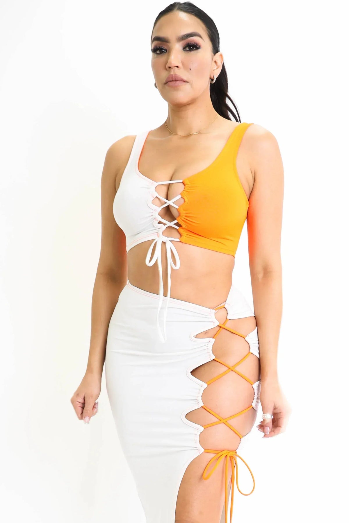 ColorBlock Side Lace up Top & Matching Maxi Skirt 2 Piece Outfit Set - Snagva