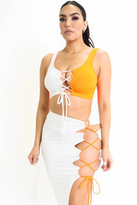 ColorBlock Side Lace up Top & Matching Maxi Skirt 2 Piece Outfit Set - Snagva