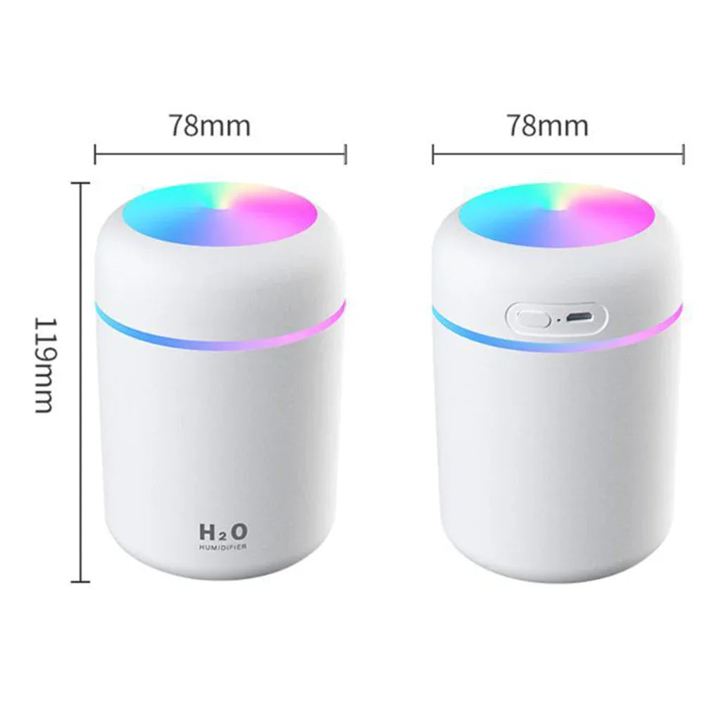 Compact air humidifier next to smartphone and car keys on car dashboard, showing travel use.