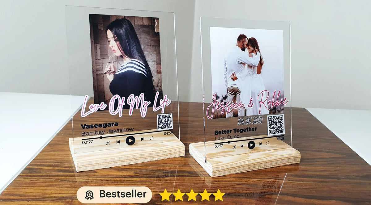 Custom Spotify-style acrylic music plaque displaying song details and photo in vibrant colors.