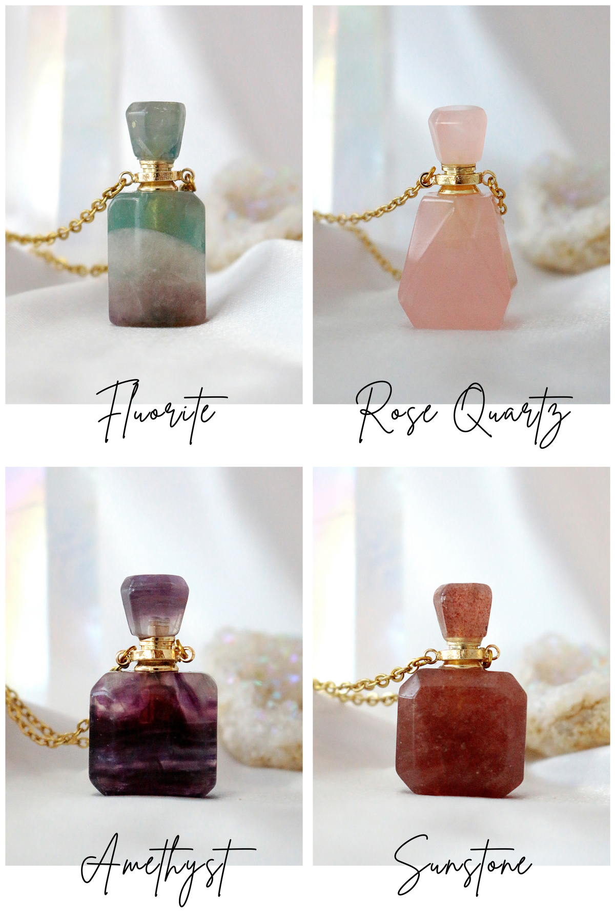 Healing Stones Bottle Pendant Necklace - gold plated chain detail