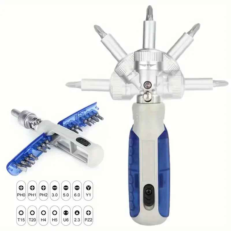 A compact ratcheting screwdriver set with 14 interchangeable bits and a magnetic tip on a white background.