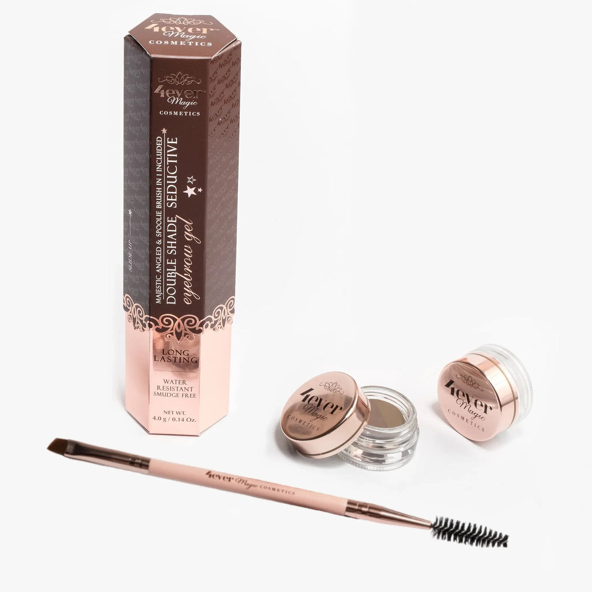 Close-up of double shade eyebrow gel jar showing two cream tones side by side