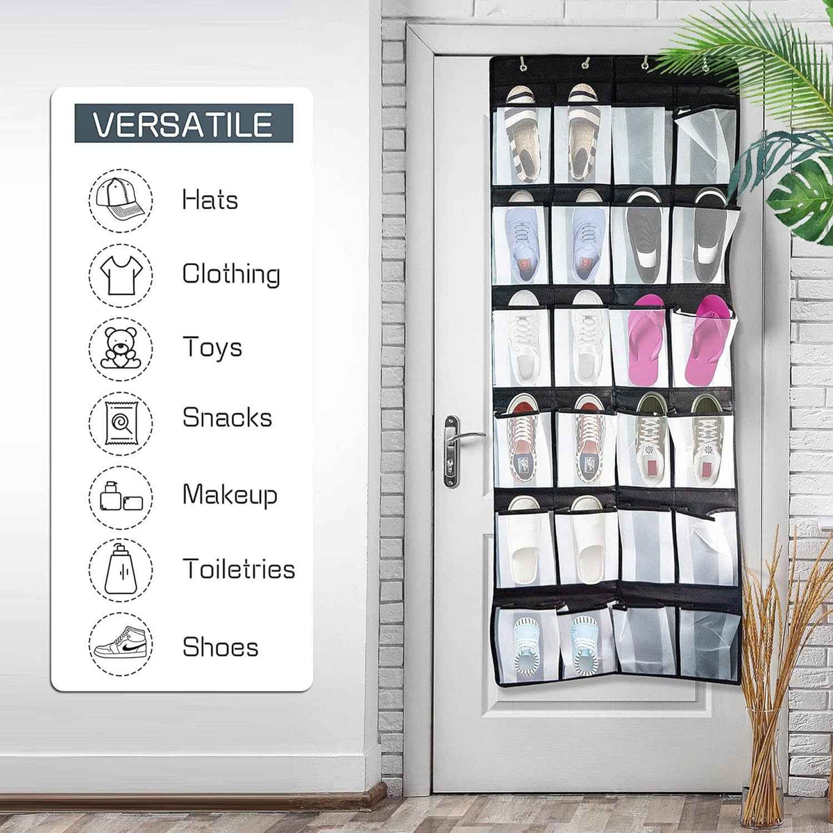 White over-the-door shoe organizer with 24 clear pockets, neatly holding shoes and small accessories.