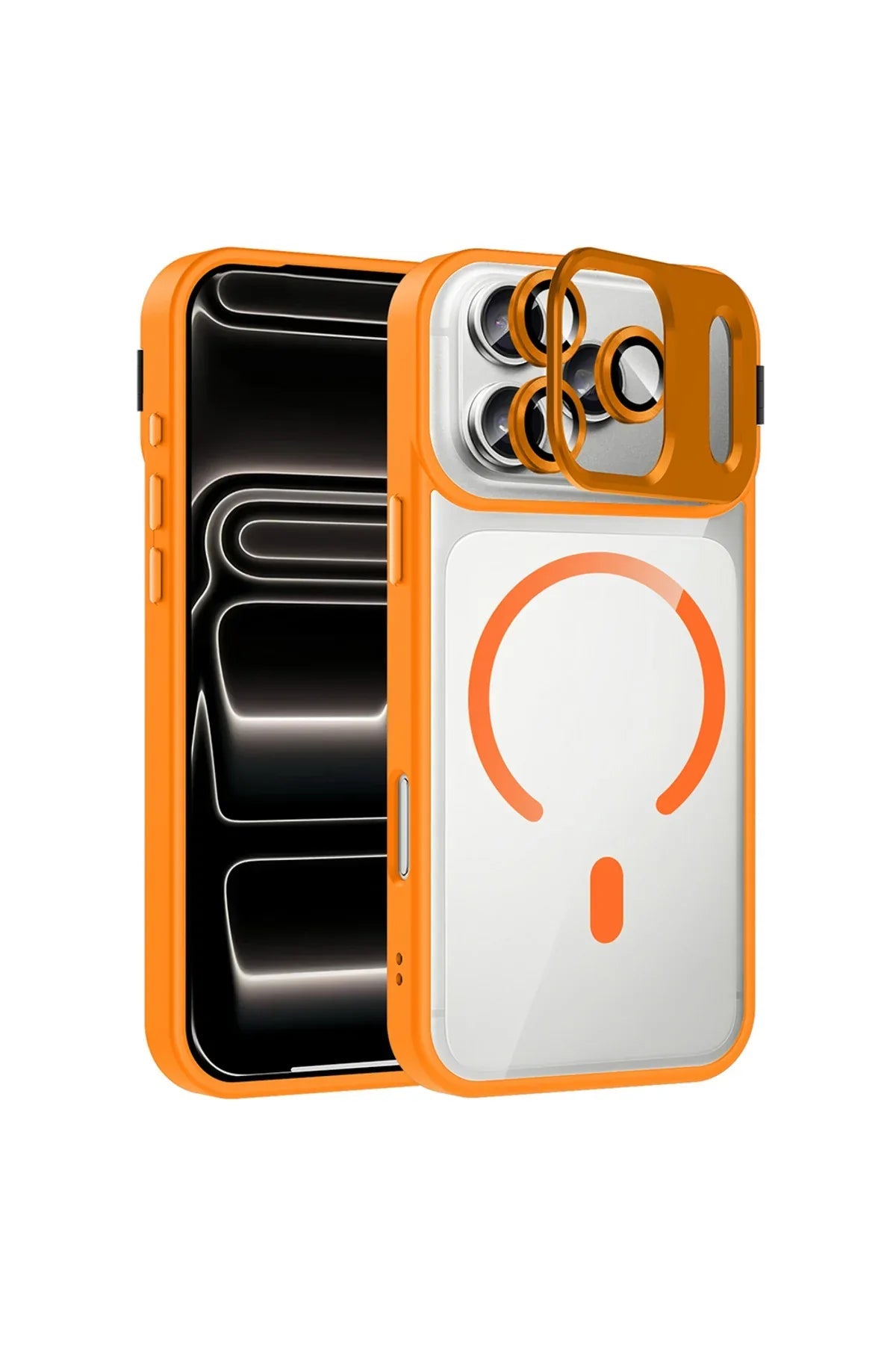 iPhone case with magnetic camera lens cover displayed with phone, showcasing protection.