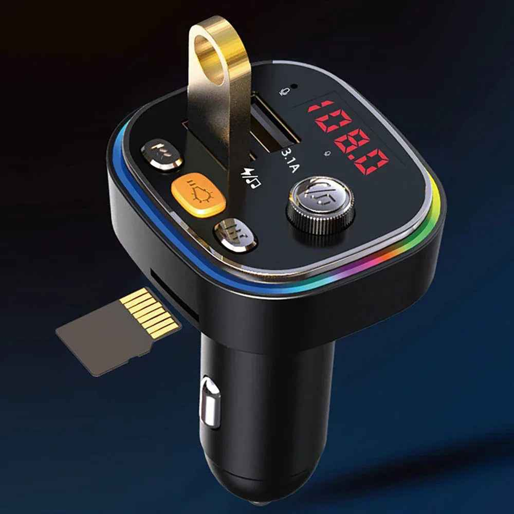 Handsfree Bluetooth MP3 Player Dual USB Fast Car Charger plugged into a car's 12V socket