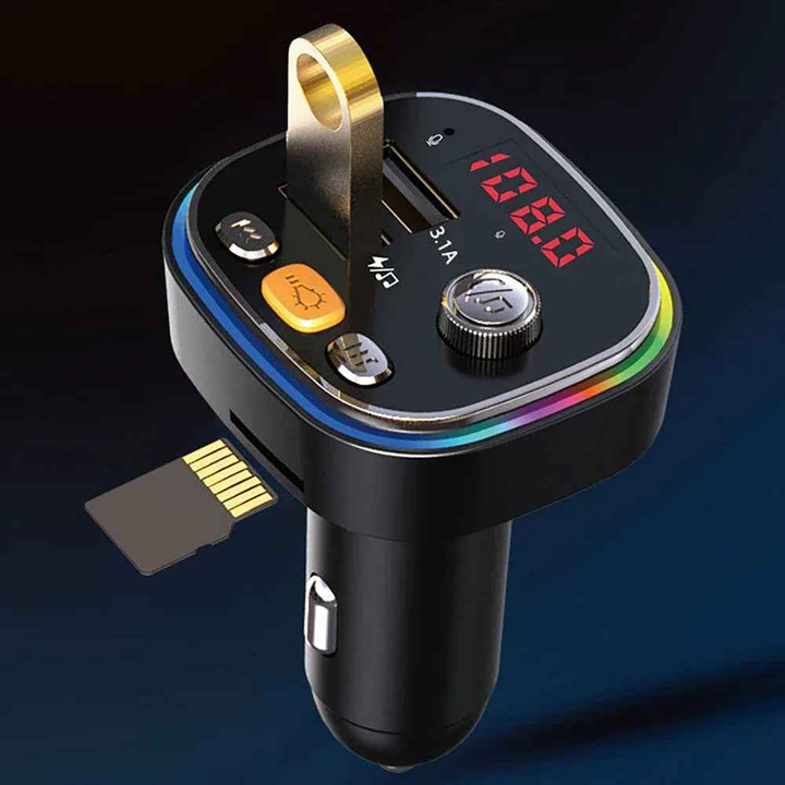 Handsfree Bluetooth MP3 Player Dual USB Fast Car Charger plugged into a car's 12V socket