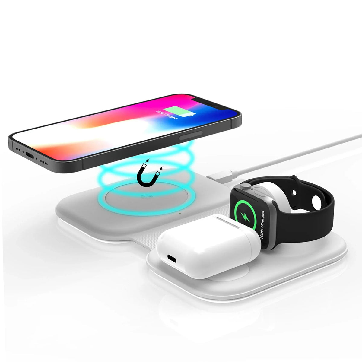 Wireless charging station open with Apple Watch and earbuds positioned on charging areas.