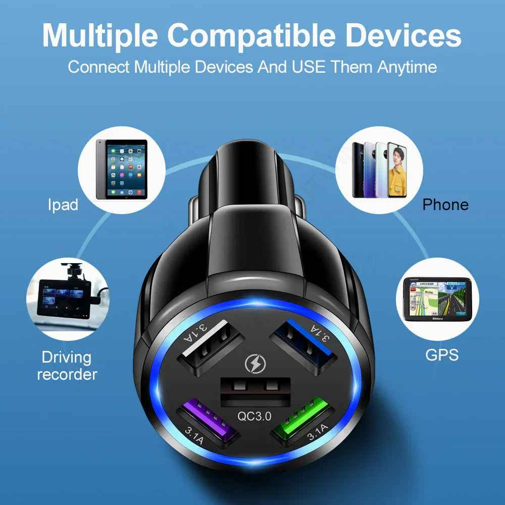 Black car charger with five USB ports, designed for quick charging multiple devices at once.