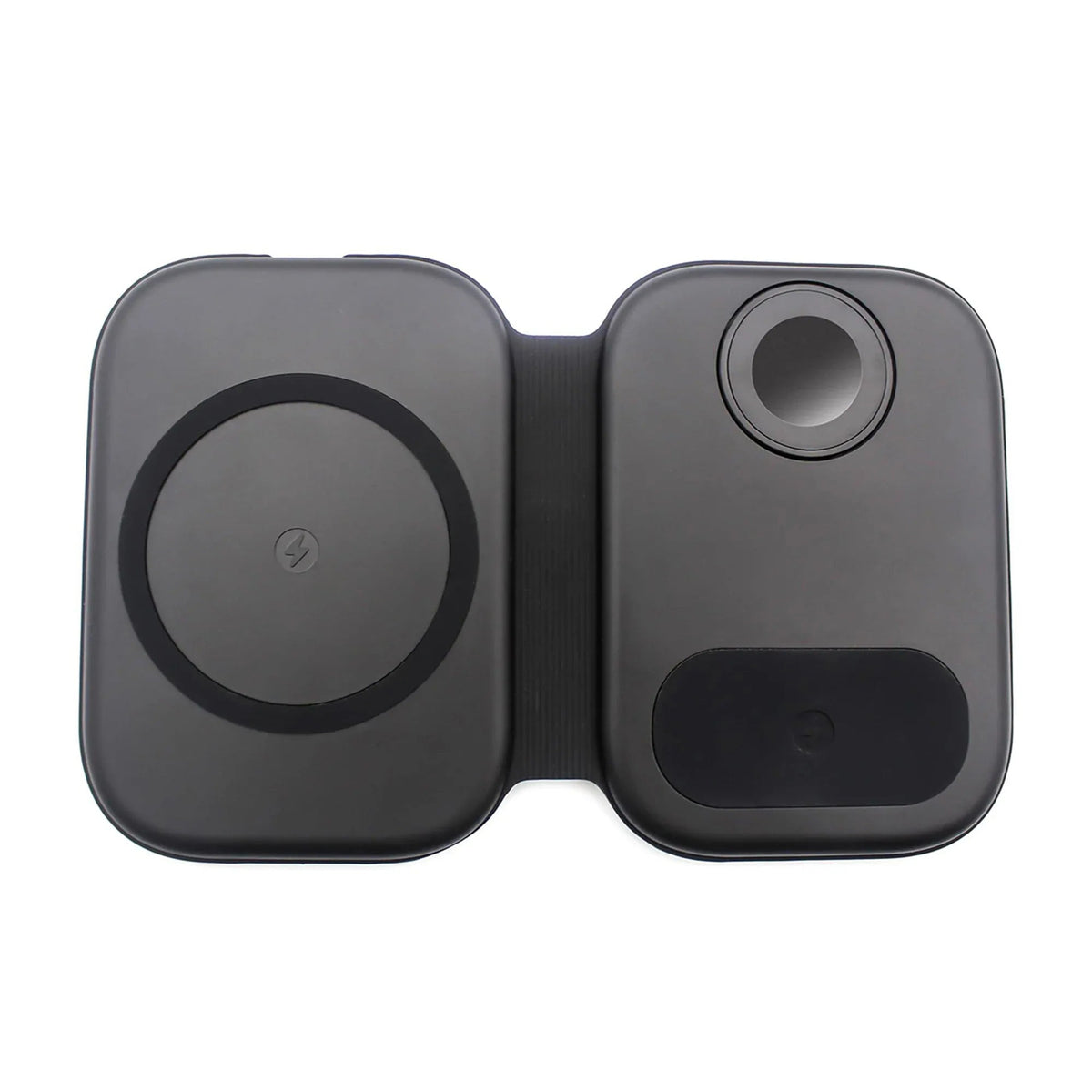 Magnetic folding 3-in-1 wireless charging station with smartphone on charging pad, placed on wooden surface.