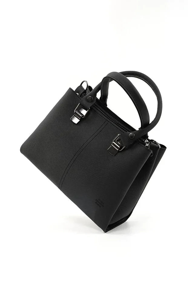 Black Faux Leather Zippered Handbag with 3 Compartments Adjustable Bag - Snagva