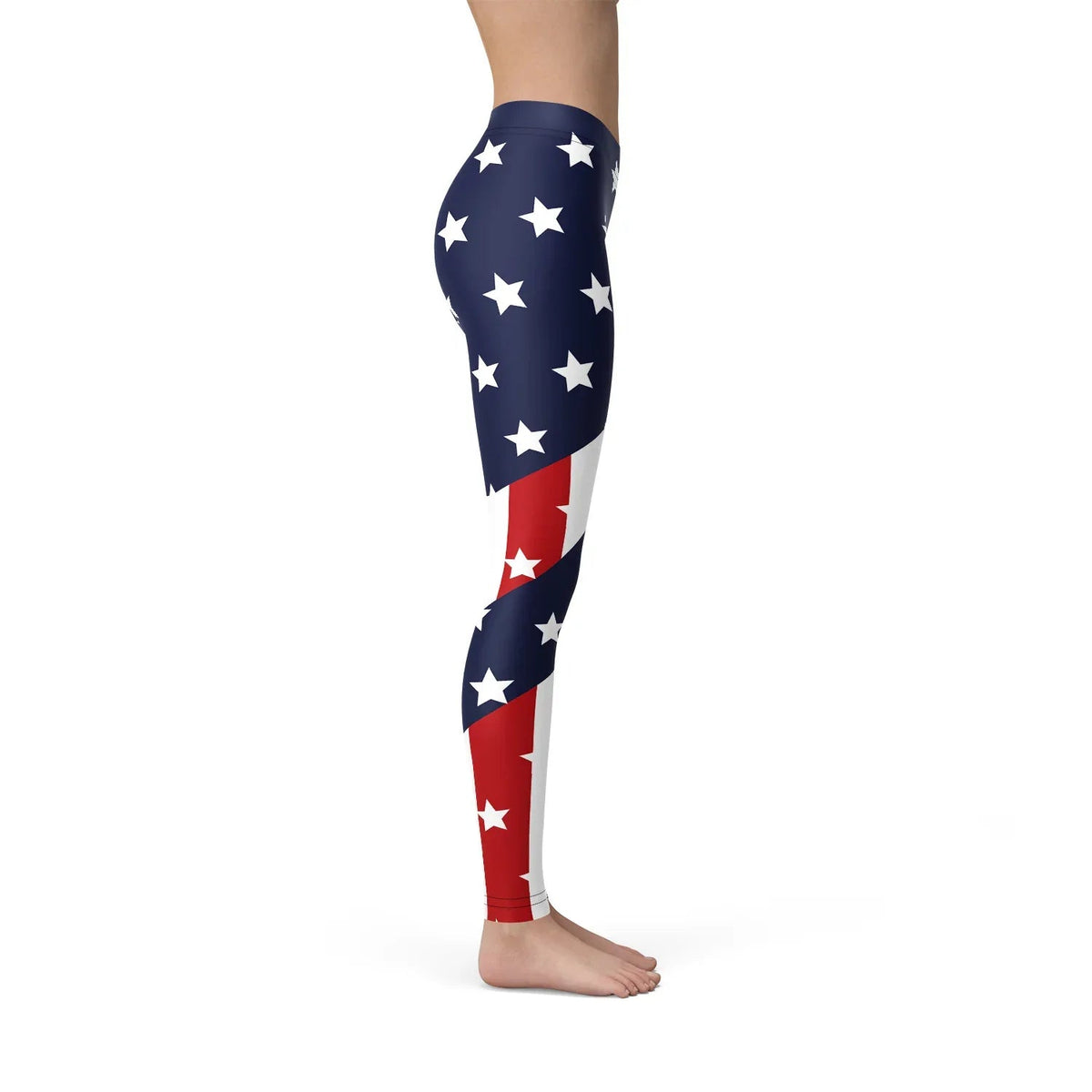Front view of woman wearing leggings with American flag design in casual setting