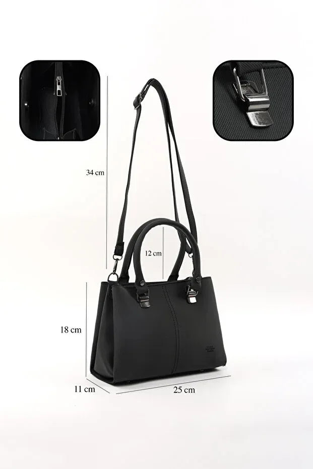 Black Faux Leather Zippered Handbag with 3 Compartments Adjustable Bag - Snagva