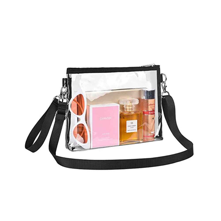 Clear Bag Stadium Approved crossbody bag made of transparent PVC with adjustable strap, shown closed