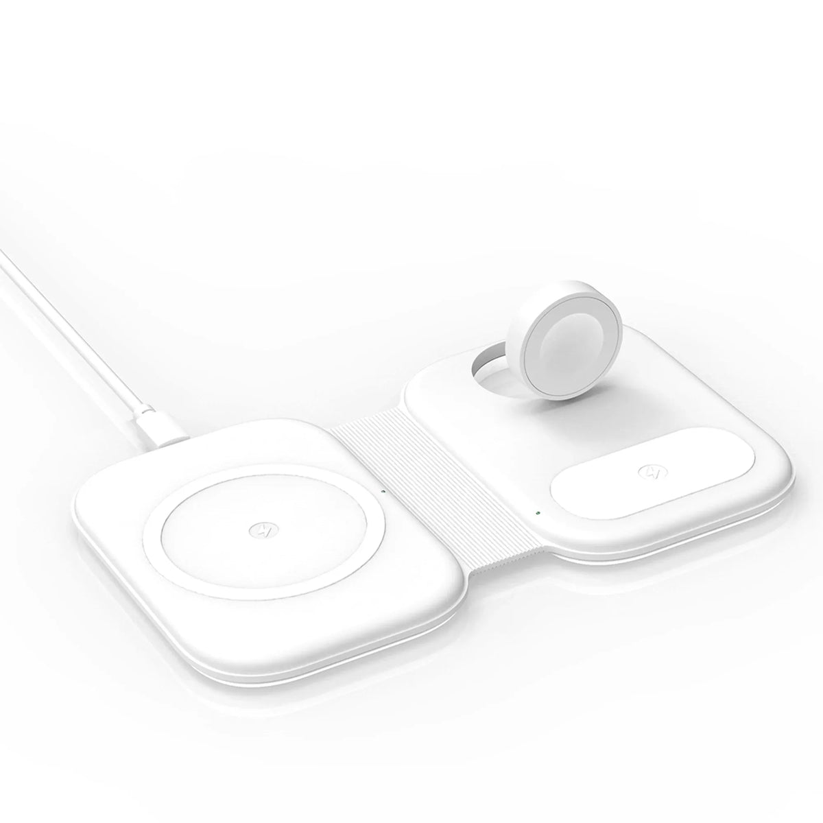 Side view of the magnetic folding 3-in-1 wireless charging station with iPhone charging.
