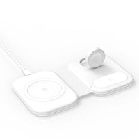 Side view of the magnetic folding 3-in-1 wireless charging station with iPhone charging.