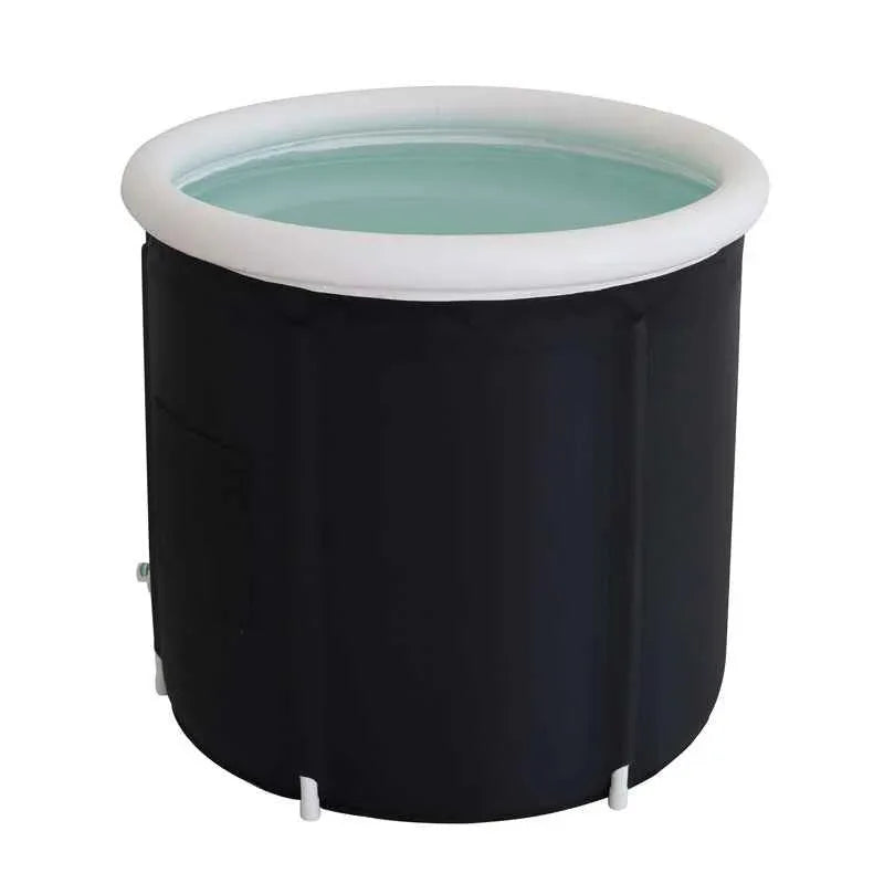 Folded ice bath tub with black exterior and sturdy handles, designed for athletes' recovery with large capacity.