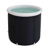Folded ice bath tub with black exterior and sturdy handles, designed for athletes' recovery with large capacity.