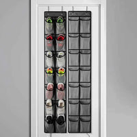 White over-the-door hanging organizer with 14 clear pockets, neatly holding pairs of shoes and accessories.